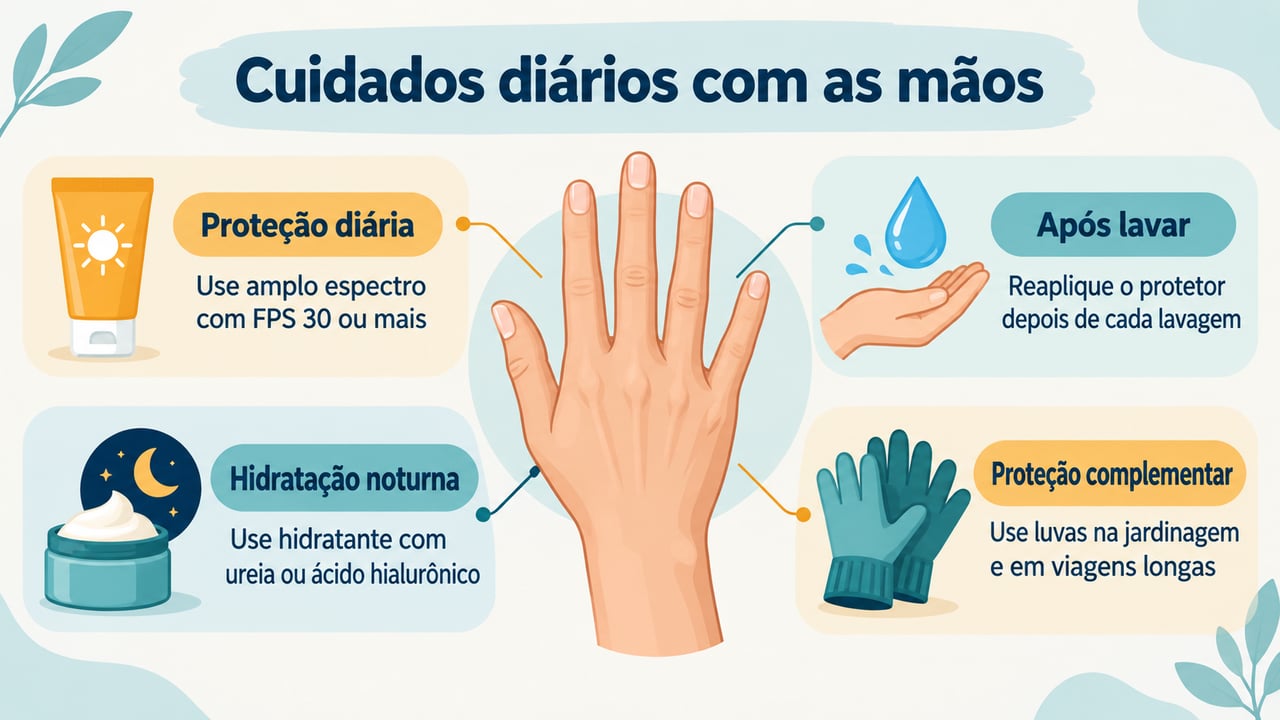 Reaplicar o protetor após lavar as mãos e hidratar à noite complementam os cuidados diários – Imagem ilustrativa criada por inteligência artificial