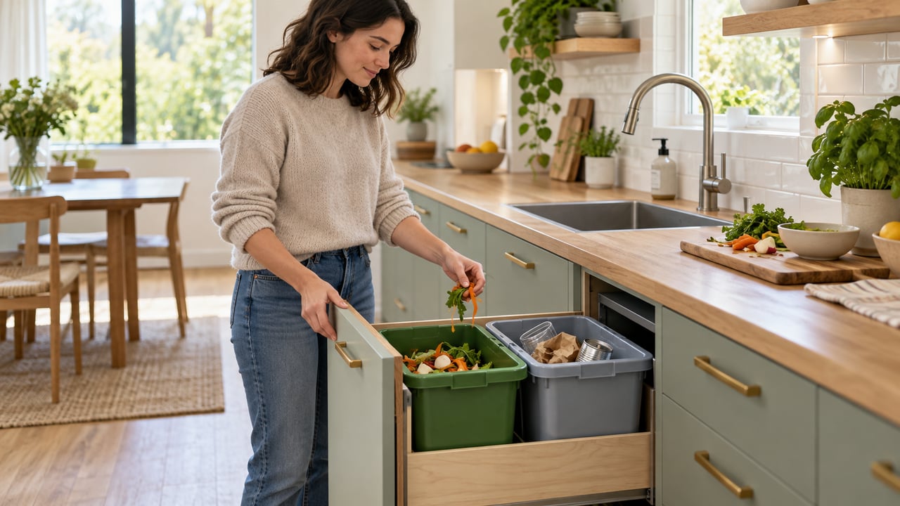 Recipientes acessíveis e separados ajudam a manter a pia livre e a cozinha organizada – Imagem ilustrativa criada por inteligência artificial