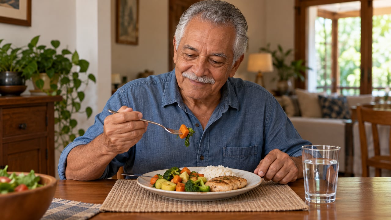 Comer devagar e manter a hidratação ao longo do dia favorece o conforto e a disposição na velhice – Imagem ilustrativa criada por inteligência artificial