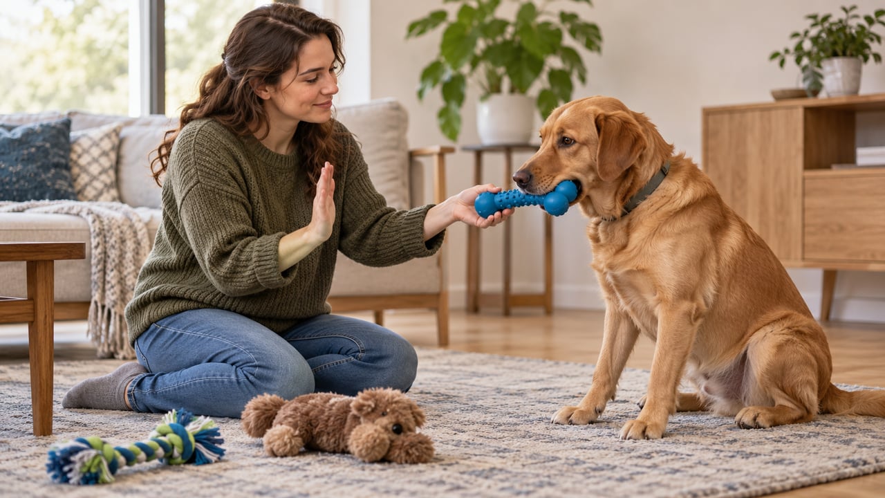 Interromper a brincadeira com calma e oferecer um brinquedo ajuda o cão a substituir o uso da boca – Imagem ilustrativa criada por inteligência artificial