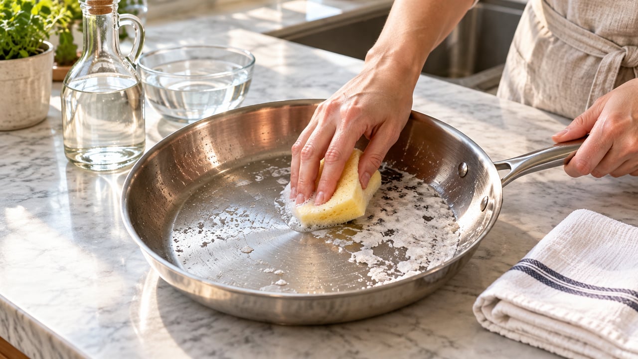Vinagre branco, esponja macia e secagem imediata ajudam a remover minerais sem riscar o inox – Imagem ilustrativa criada por inteligência artificial