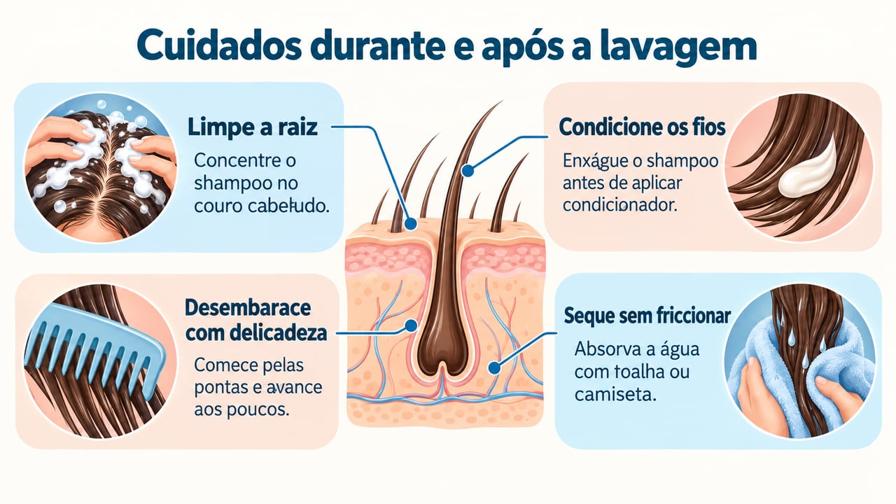 Concentre o shampoo na raiz e desembarace os fios começando pelas pontas – Imagem ilustrativa criada por inteligência artificial