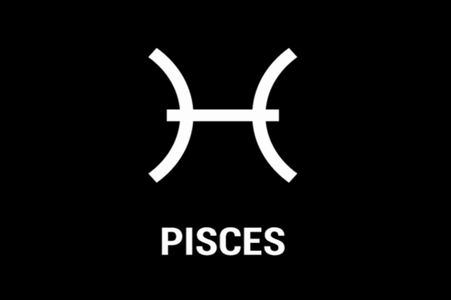 Imagem com fundo preto, apresentando o símbolo astrológico do signo de Peixes em branco, formado por duas linhas curvas opostas, unidas por uma linha horizontal. Abaixo, aparece a palavra “PISCES”, em letras maiúsculas e brancas.
