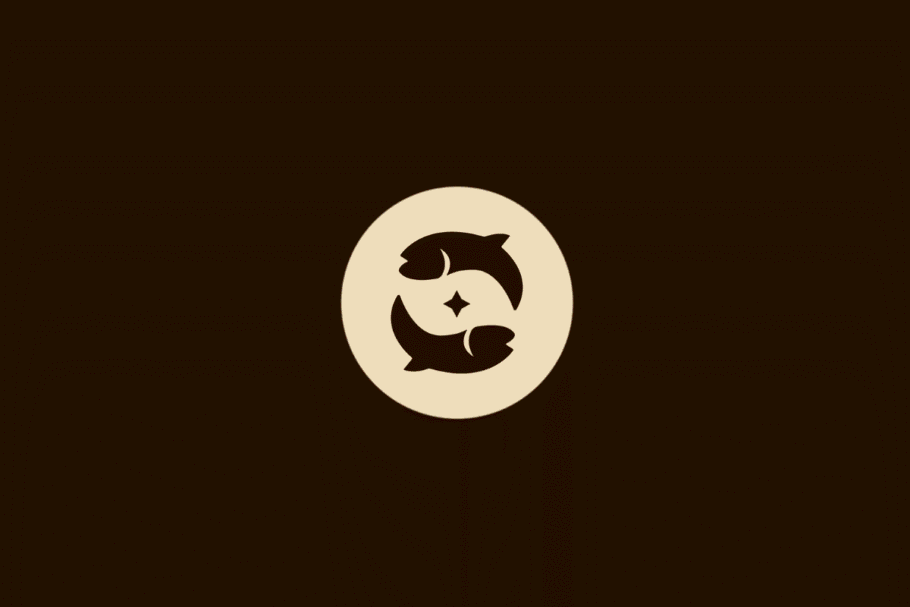 Ilustração vetorial do signo de Peixes, representada por dois peixes nadando em direções opostas em formato circular ao redor de uma estrela de quatro pontas, centralizada em um círculo bege sobre fundo marrom.