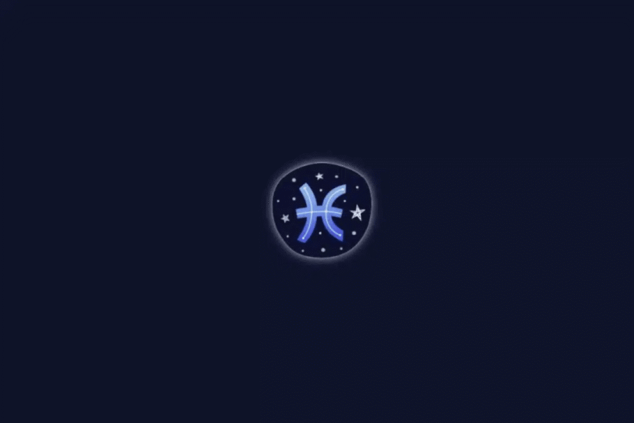 Ilustração do símbolo astrológico do signo de Peixes em tons de azul-claro e lilás, centralizado em um círculo com pequenas estrelas brancas e um brilho suave ao redor. O fundo é azul-marinho escuro.