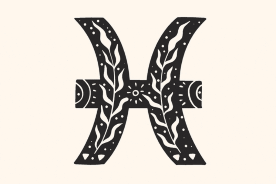 A imagem apresenta o símbolo do signo de Peixes em preto, centralizado sobre um fundo claro. O ícone é decorado com folhagens, pequenos pontos, formas solares e detalhes celestes, criando uma estética mística e delicada.
