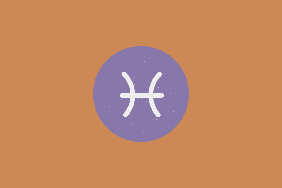 Símbolo do signo de Peixes em branco dentro de um círculo roxo sobre fundo alaranjado
