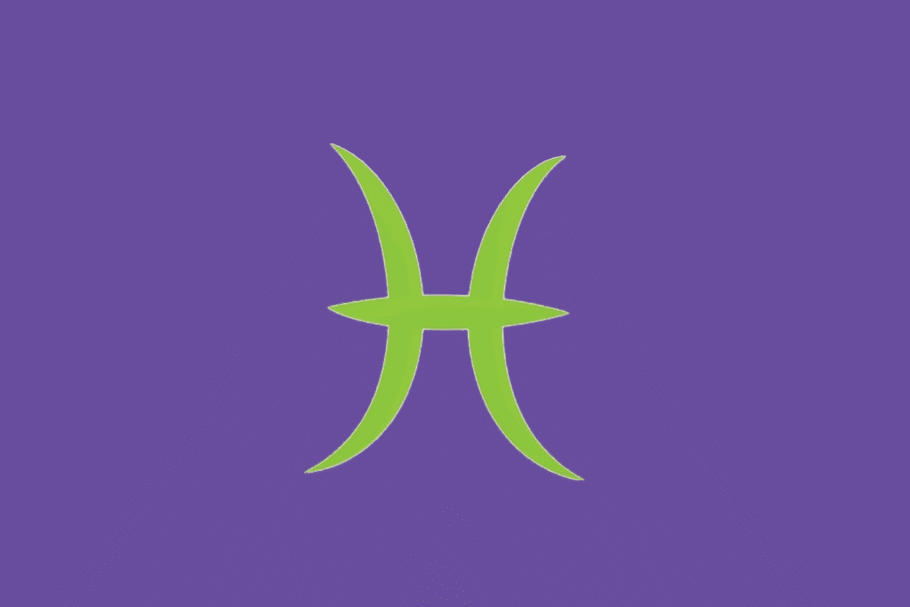 O símbolo astrológico do signo de Peixes em verde-claro sobre um fundo roxo