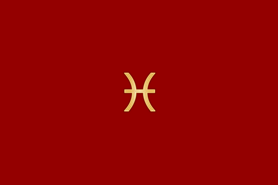 Ilustração do signo de peixes em dourado, centralizado em fundo vermelho