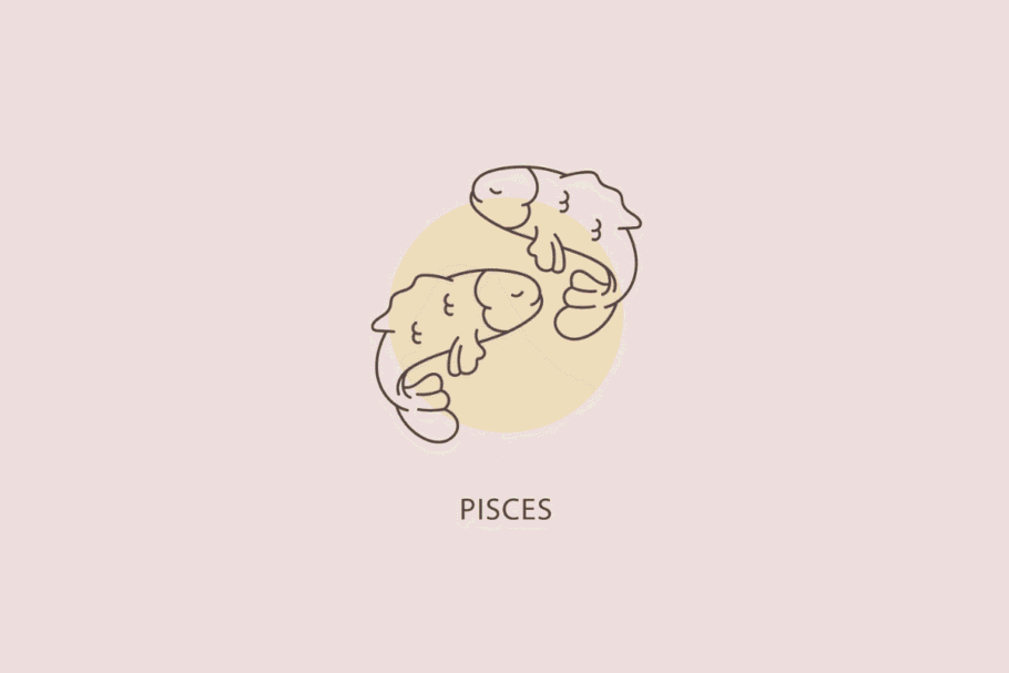 Ilustração em linhas finas de dois peixes nadando em direções opostas em círculo, com um círculo bege ao fundo e a palavra "PISCES" abaixo.