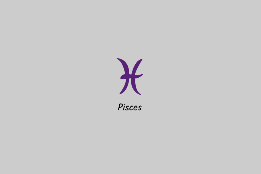 Ilustração do signo de Peixes em roxo, com o nome abaixo, centralizada sobre um fundo cinza-claro