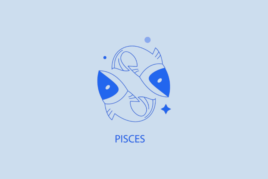 Ilustração minimalista em tons de azul e branco representando o signo de Peixes. Mostra dois peixes nadando em sentidos opostos formando um círculo, acompanhados de pequenos pontos e uma estrela ao fundo. Na parte inferior, está escrita a palavra "PISCES" em letras maiúsculas azul-escuro.