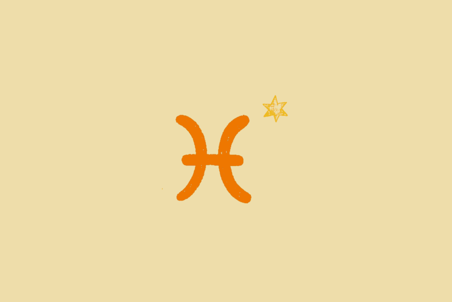 Ilustração do símbolo do signo de Peixes, representado por duas formas curvas unidas por uma linha horizontal, em laranja, acompanhado de uma pequena estrela sobre fundo bege-claro.