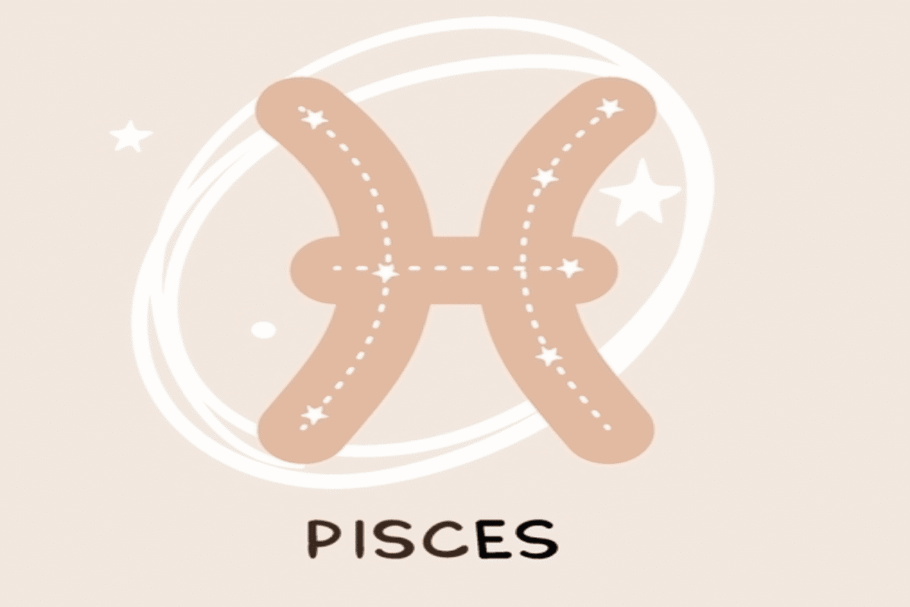 Ilustração do símbolo de Peixes em tom bege, decorado com linhas pontilhadas e pequenas estrelas brancas. O desenho é cercado por traços circulares, estrelas e pontos brancos sobre um fundo claro.