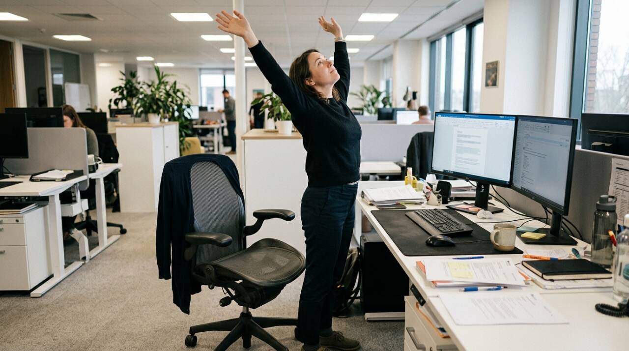 Como aliviar a rigidez depois de ficar muito tempo sentado? Veja movimentos simples para variar a posição durante o trabalho sem transformar a pausa em treino.