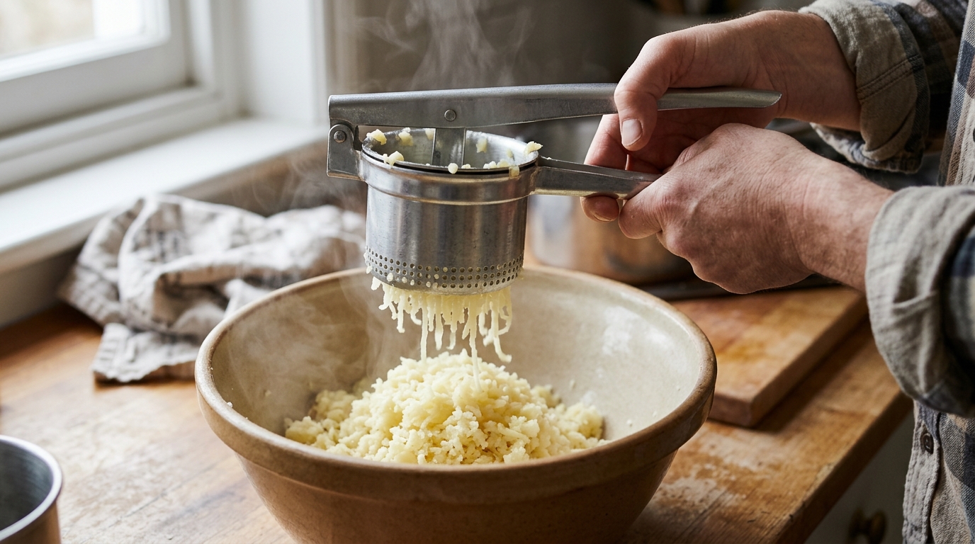 Utensílios manuais como o espremedor preservam a maciez e evitam o aspecto pegajoso.
