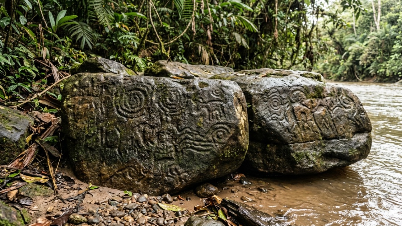 As margens rochosas da região guardam testemunhos milenares da ocupação humana na Amazônia.