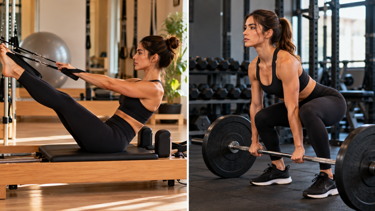 Qual é melhor: Pilates ou musculação? Veja como objetivo, progressão de carga, controle corporal e mobilidade influenciam essa escolha.