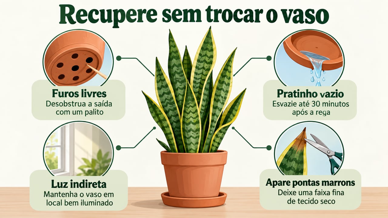Desobstruir os furos e esvaziar o pratinho ajuda a recuperar a planta sem trocar o vaso – Imagem ilustrativa criada por inteligência artificial