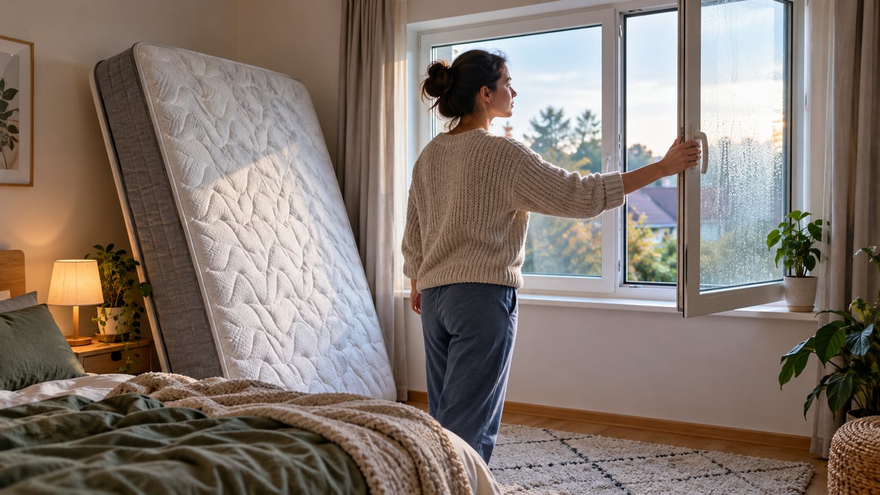 Ventilar o quarto e deixar o colchão respirar é essencial quando a umidade mantém o mau cheiro – Imagem ilustrativa criada por inteligência artificial
