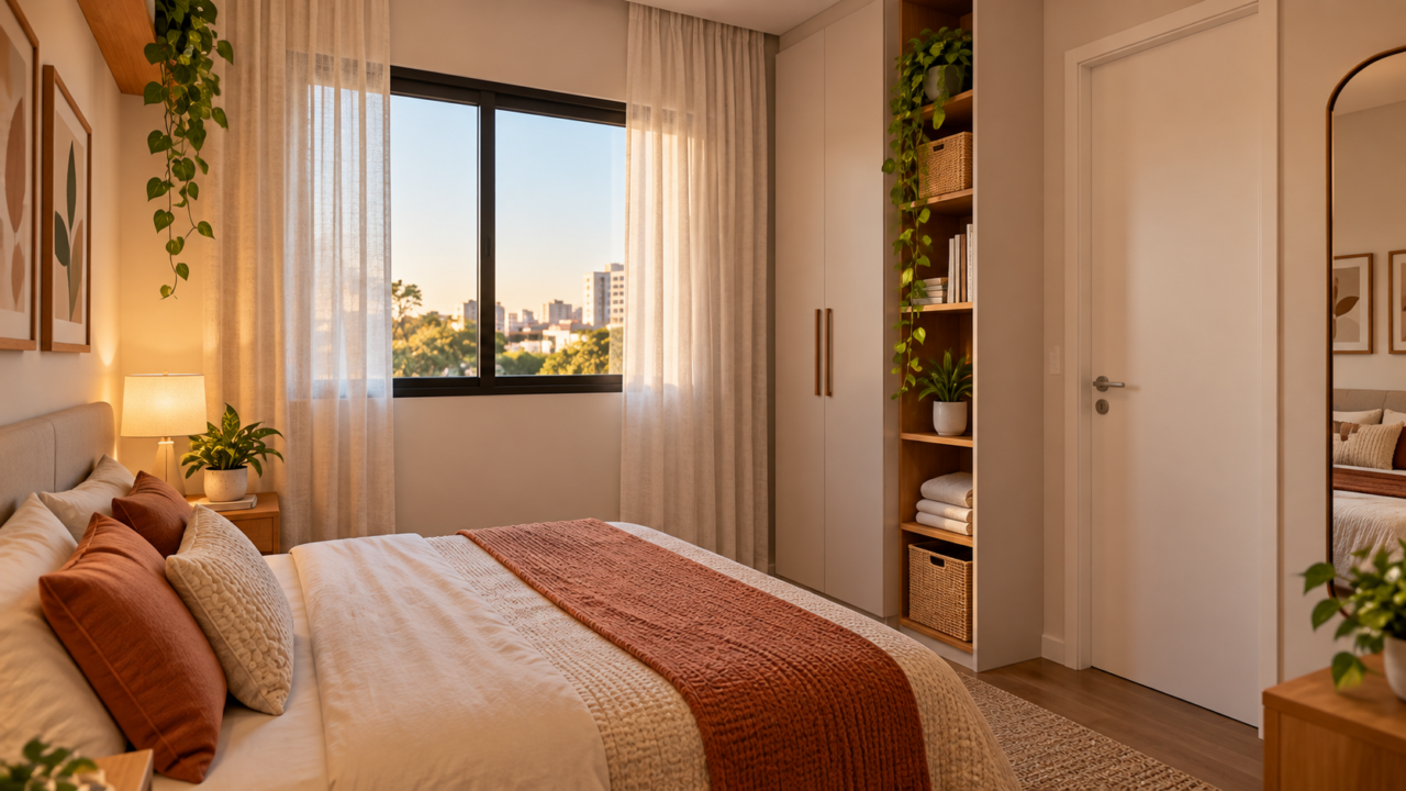 Como ganhar espaço de armazenamento sem ocupar o chão? Veja como módulos altos e estreitos podem organizar quartos pequenos de forma mais leve.