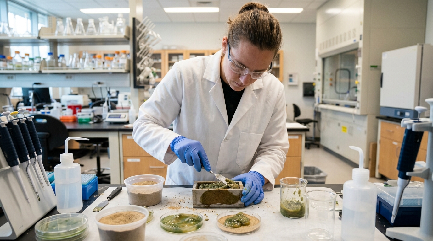Blocos biológicos experimentais demonstram a capacidade de incorporar microrganismos vivos na estrutura.