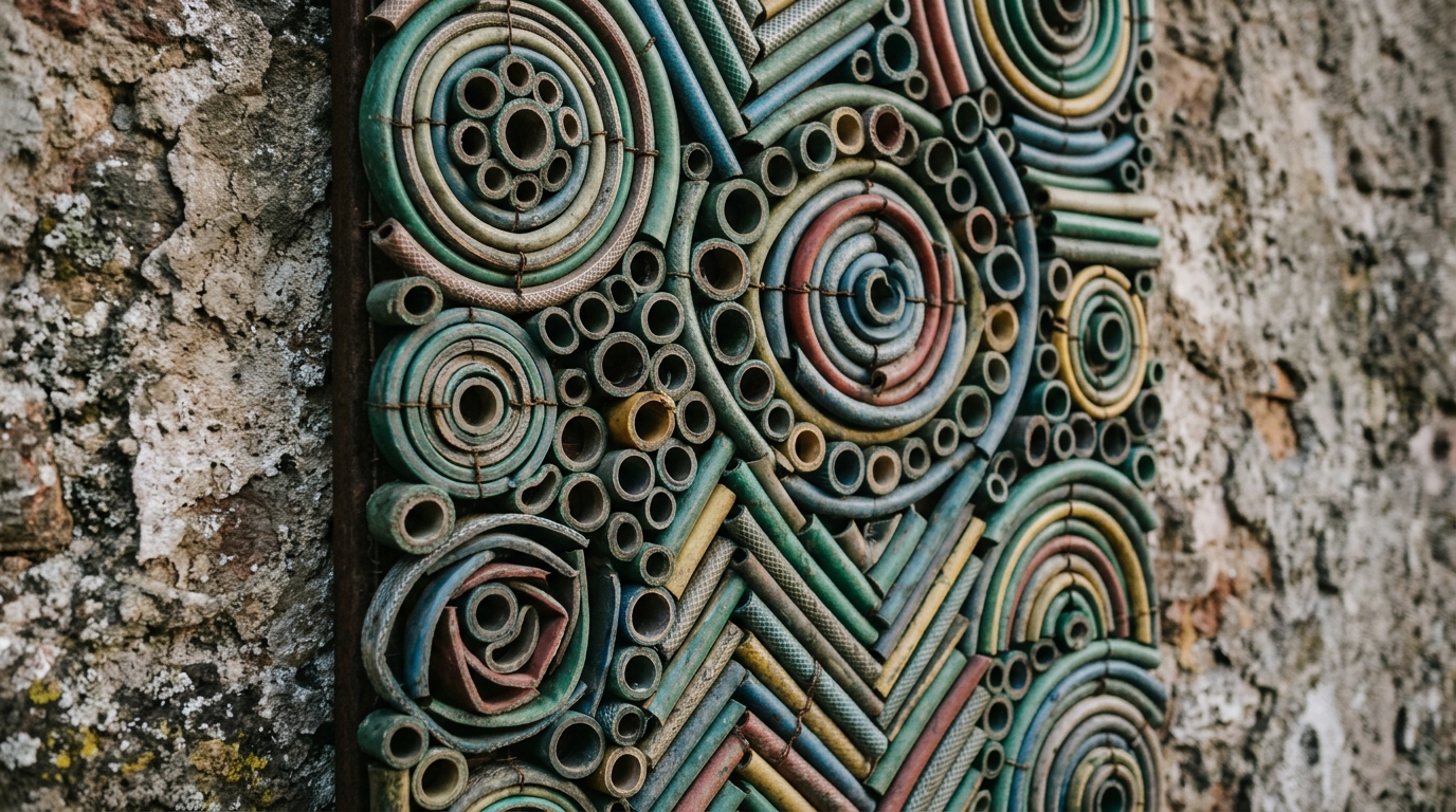 O painel geométrico com tubulação reciclada renova os cantos esquecidos do quintal com estilo.
