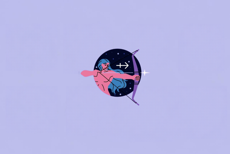Ilustração do signo de Sagitário, representado por uma figura humana estilizada segurando um arco e apontando uma flecha para a direita. A figura tem pele rosa e cabelos azuis, e o arco é roxo. O símbolo de Sagitário aparece em branco próximo à parte superior. Ao fundo há um círculo azul-marinho com pequenos pontos claros. Em fundo roxo-claro.