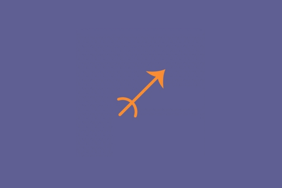 Símbolo do signo de Sagitário em linhas laranjas sobre um fundo roxo-azulado.