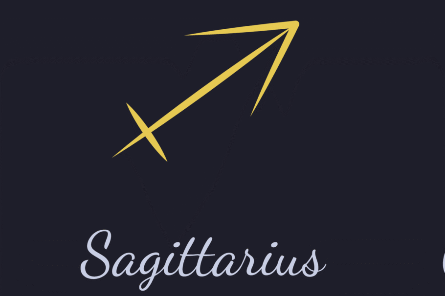 A imagem mostra o símbolo astrológico de Sagitário em dourado, representado por uma flecha apontada diagonalmente para cima e para a direita, cruzada por um pequeno traço. Abaixo, o nome “Sagittarius” aparece em letras cursivas cinza-claras, sobre um fundo azul-escuro quase preto.