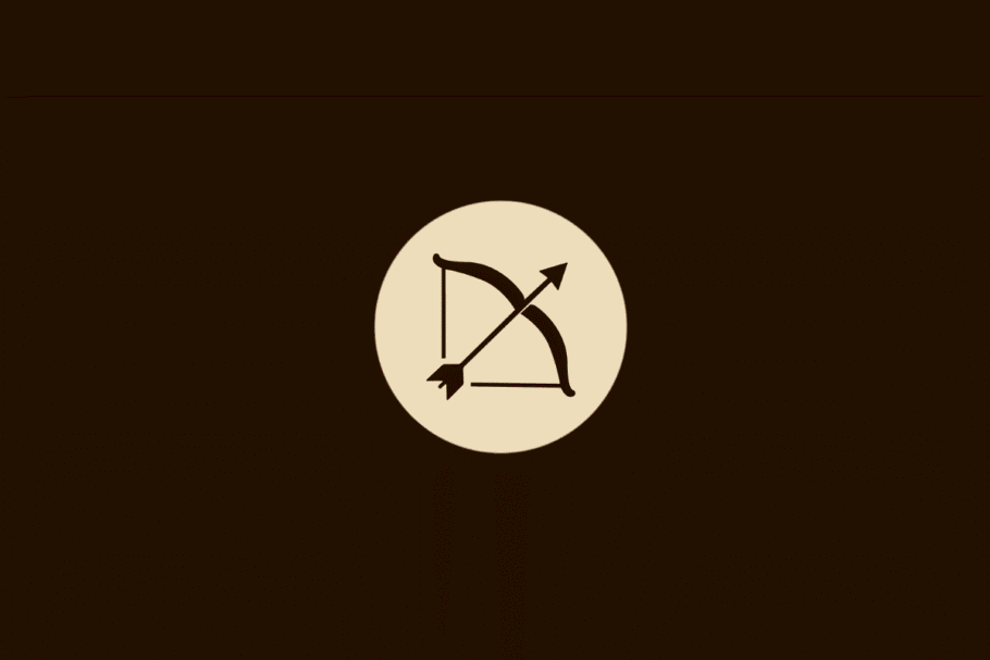Ilustração vetorial do signo de Sagitário, representada por um arco armado com uma flecha apontada para a diagonal superior direita, centralizado em um círculo bege sobre fundo marrom.