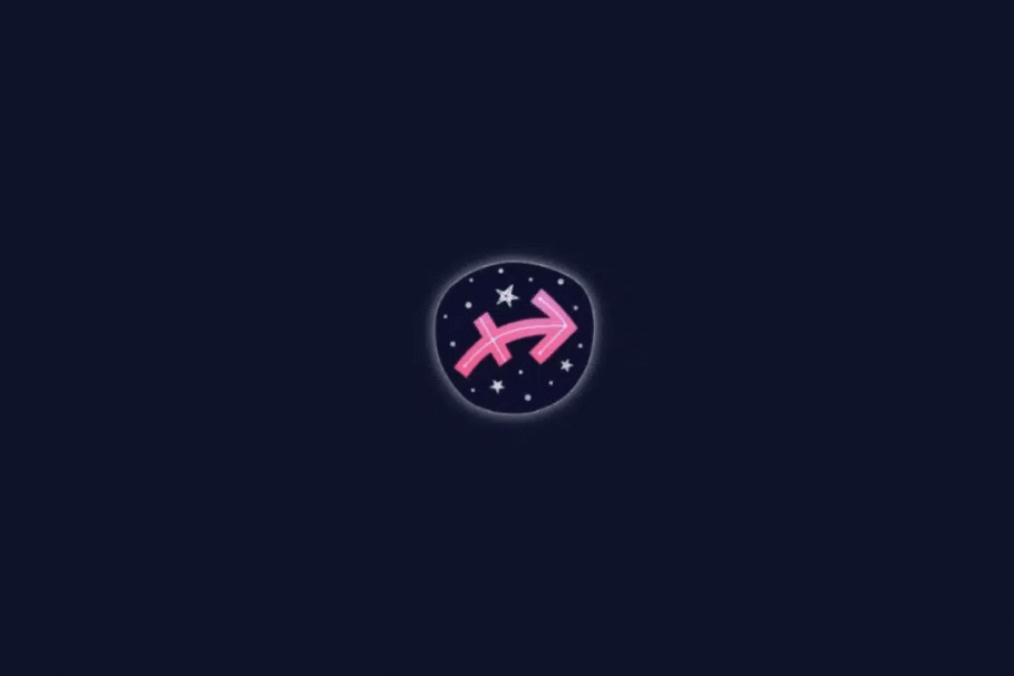 Ilustração do símbolo astrológico do signo de Sagitário, representado por uma flecha apontada para cima e para a direita, em tons de rosa. O desenho aparece dentro de um círculo com pequenas estrelas brancas, sobre um fundo azul-marinho escuro.