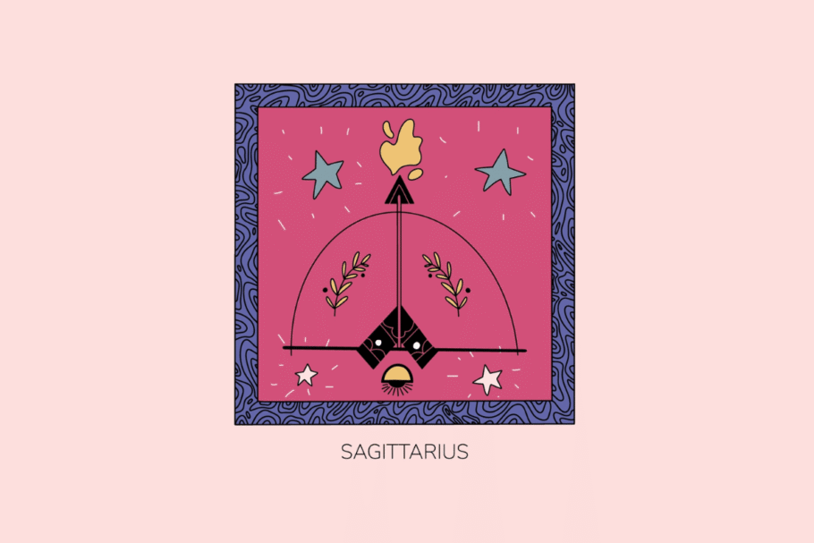 Ilustração estilizada do signo de Sagitário, apresentando um arco e flecha com detalhes geométricos e estrelas, em moldura roxa com fundo rosa e a palavra "Sagittarius" abaixo.