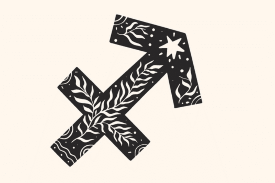 A imagem apresenta o símbolo do signo de sagitário em preto, centralizado sobre um fundo claro. O ícone é decorado com folhagens, pequenos pontos, formas solares e detalhes celestes, criando uma estética mística e delicada.