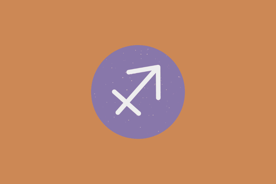 Símbolo do signo de Sagitário em branco dentro de um círculo roxo com fundo alaranjado