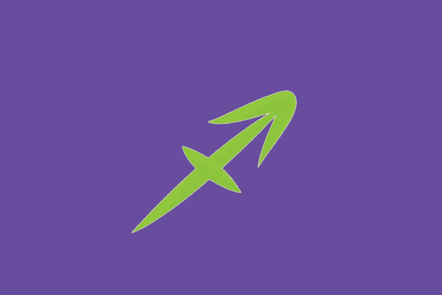 O símbolo astrológico do signo de Sagitário em verde-claro sobre um fundo roxo