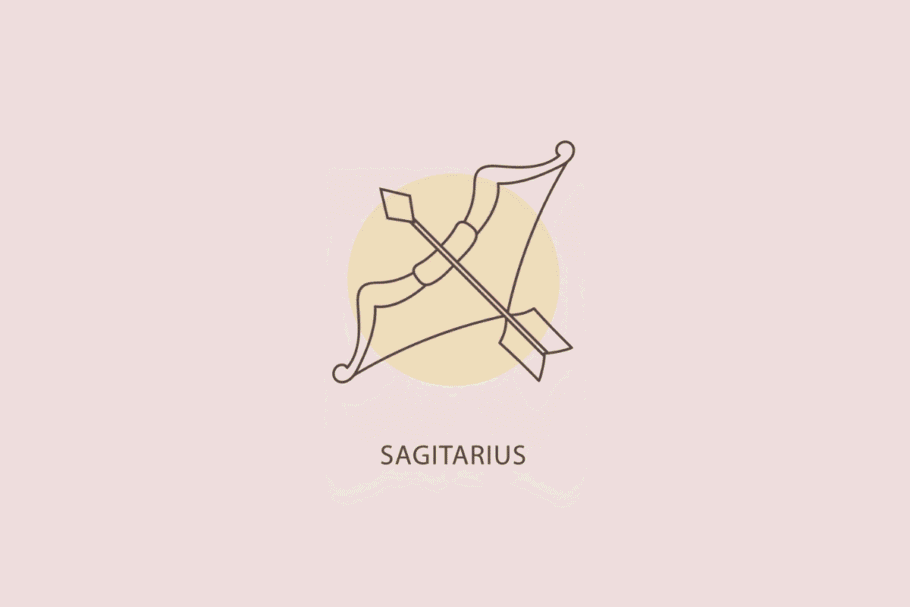 Ilustração em linhas finas de um arco com uma flecha apontada na diagonal, com um círculo bege ao fundo e a palavra "SAGITARIUS" abaixo.