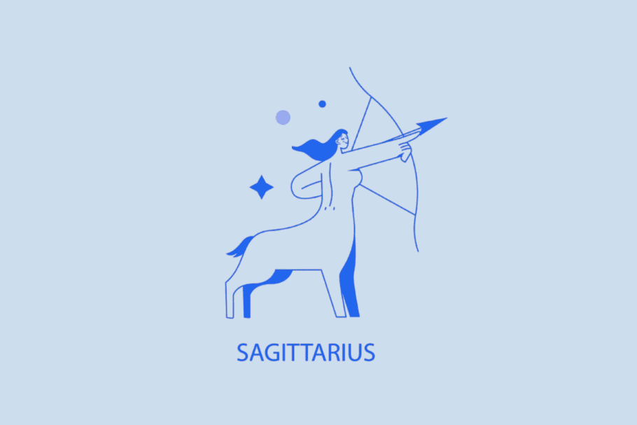 Ilustração minimalista em tons de azul e branco representando o signo de Sagitário. Mostra a figura de um centauro segurando um arco e apontando uma flecha, acompanhado de pequenos pontos e uma estrela ao fundo. Na parte inferior, está escrita a palavra "SAGITTARIUS" em letras maiúsculas azul-escuro.