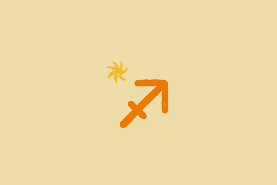 Ilustração do símbolo do signo de Sagitário, representado por uma seta apontada para o alto, na cor laranja, acompanhada de um elemento em formato de estrela sobre fundo bege-claro.