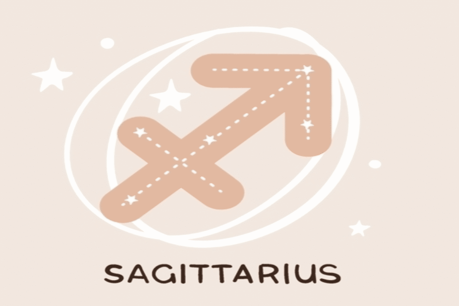 Ilustração do símbolo de Sagitário, representado por uma seta em tom bege, com linhas pontilhadas e estrelas brancas. Ao redor, há traços circulares, estrelas e pequenos pontos sobre fundo claro.