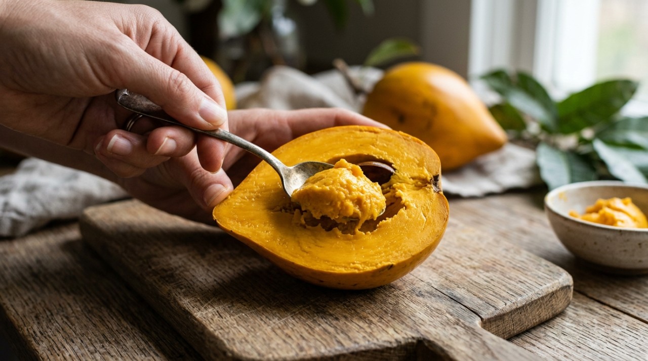 A consistência espessa do canistel permite usos diferentes dos de uma fruta muito aquosa.
