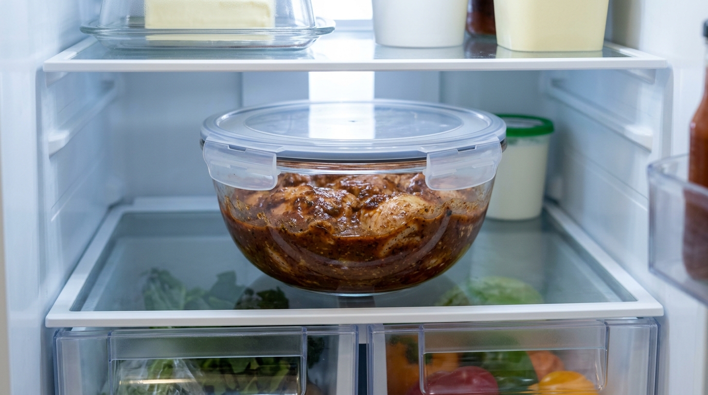 Guardar o frango temperado em recipientes fechados dentro da geladeira garante a segurança alimentar da família.