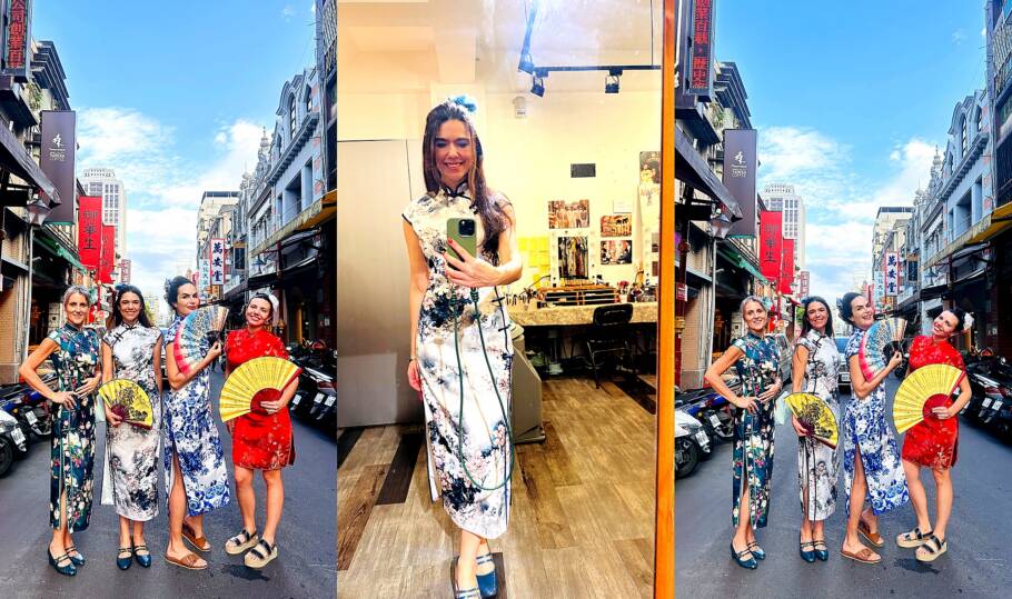 Todas de Qipao, a roupa tradicional, pelas ruas de Taipei: ao meu lado, Gisele Abrahão, Cecília Padilha e Raquel Pryzant