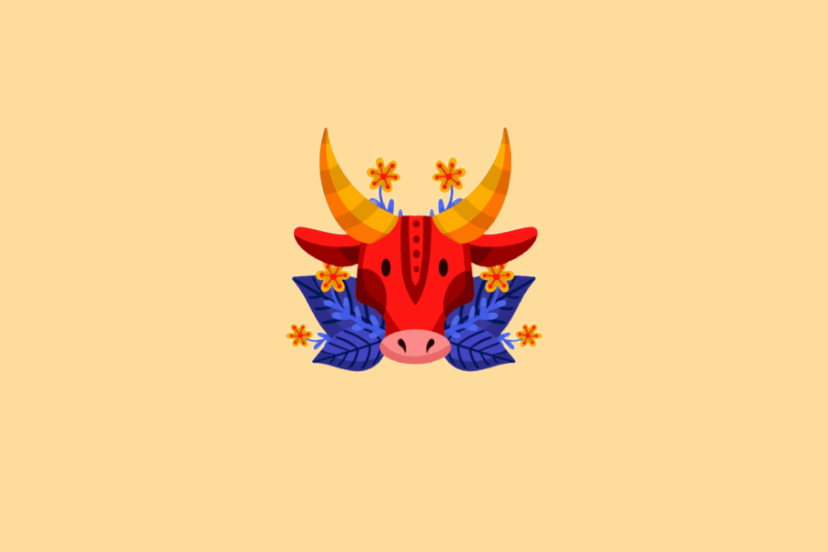 Ilustração estilizada do signo de Touro. No centro, a cabeça de um touro vermelho vista de frente com grandes chifres amarelos e laranjas, apoiada sobre grandes folhas roxas e decorada com pequenas flores amarelas ao redor. O fundo é de cor amarela clara uniforme.
