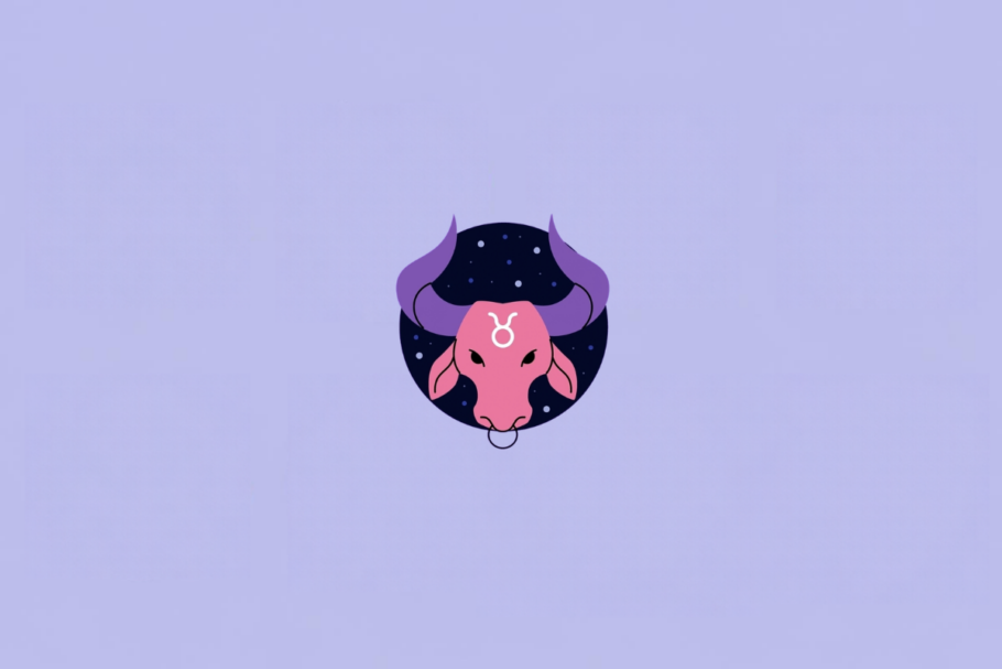 Ilustração do signo de Touro, representado pela cabeça de um touro com rosto rosa, grandes chifres roxos e orelhas voltadas para os lados. O símbolo de Touro aparece em branco na testa. Ao fundo há um círculo azul-marinho com pequenos pontos semelhantes a estrelas. Em fundo roxo-claro.