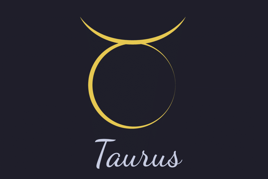 A imagem apresenta o símbolo astrológico de Touro em dourado, formado por um círculo com uma linha curva na parte superior, semelhante aos chifres de um touro. Abaixo, o nome “Taurus” aparece em letras cursivas cinza-claras, sobre um fundo azul-escuro quase preto.