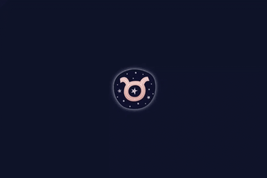 Ilustração do símbolo astrológico do signo de Touro em tom de rosa-claro, representado por um círculo com dois chifres curvados para cima. O desenho está centralizado em um círculo decorado com pequenas estrelas brancas, sobre um fundo azul-marinho escuro.