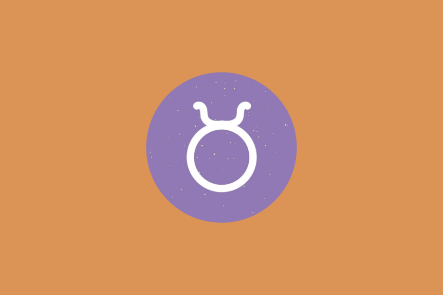 Símbolo do signo de Touro em branco sobre um círculo roxo em fundo alaranjado