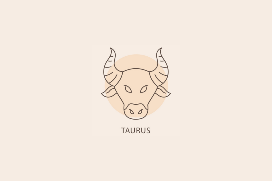 Ilustração em linhas finas da cabeça de um touro com chifres pontiagudos curvados, com um círculo bege ao fundo e a palavra "TAURUS" abaixo.