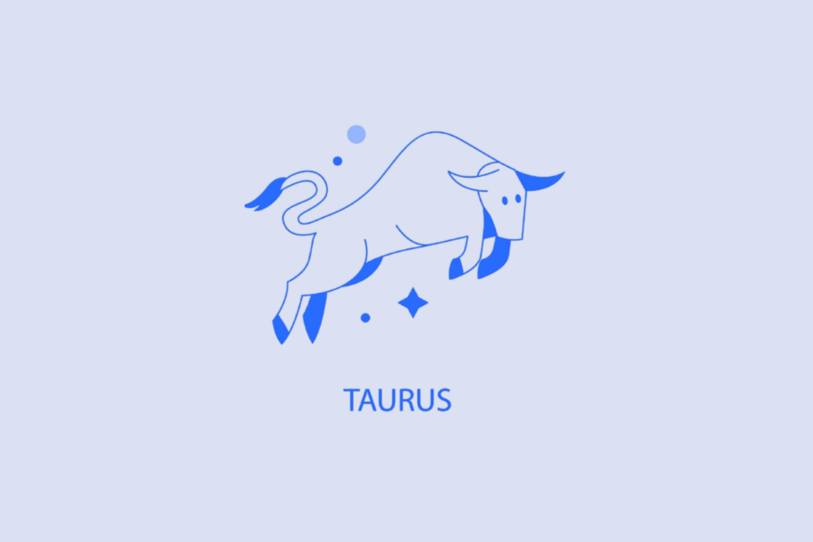 Ilustração minimalista em tons de azul e branco representando o signo de Touro. Mostra um touro saltando para a direita, acompanhado de pequenos pontos e uma estrela na parte inferior. Na parte inferior, está escrita a palavra "TAURUS" em letras maiúsculas azul-escuro.